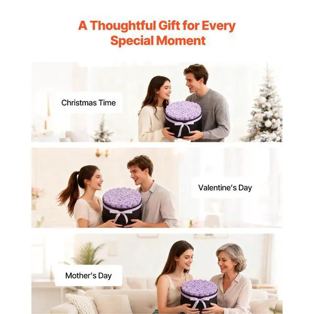 Alt view image 6 of 8 - VEVOR Forever Flowers, 50 Preserved Roses in a Box, Eternal Flowers Immortal Bouquet Birthday Present for Women Her Wife Mothers, Anniversary, Valentine's Day,Christmas, Lavender Purple