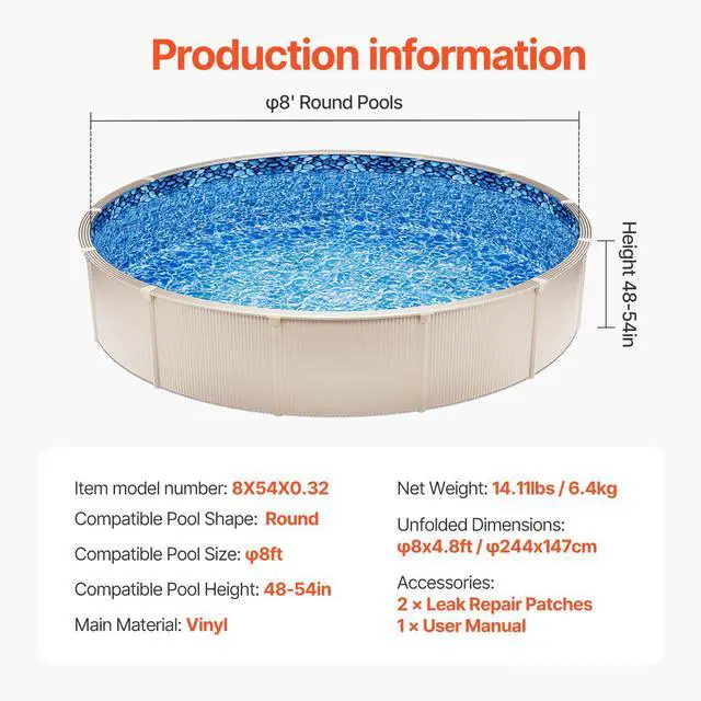 Alt view image 7 of 7 - 8-ft Round Above Ground Pool Liner, Overlap Pool Liners, Standard Gauge Vinyl, 48-to-54inch Wall Height, Designed for Steel Sided Above-Ground Swimming Pools
