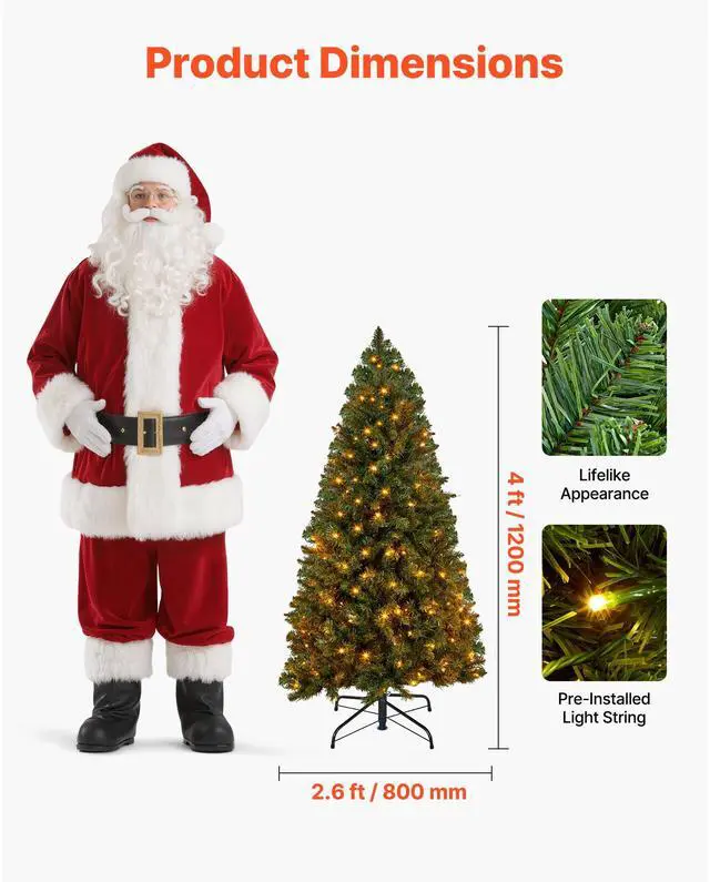 Alt view image 3 of 8 - VEVOR Christmas Tree, 4ft Prelit Artificial Xmas Tree, Full Holiday Decor Trees with 120 Warm White LED Lights, 8 Lighting Modes, 539 Branch Tips & Sturdy Metal Base for Home Party Office Decoration