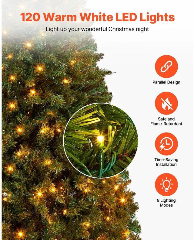 Alt view image 5 of 8 - VEVOR Christmas Tree, 4ft Prelit Artificial Xmas Tree, Full Holiday Decor Trees with 120 Warm White LED Lights, 8 Lighting Modes, 539 Branch Tips & Sturdy Metal Base for Home Party Office Decoration