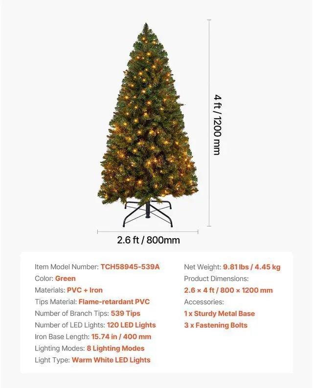 Alt view image 8 of 8 - VEVOR Christmas Tree, 4ft Prelit Artificial Xmas Tree, Full Holiday Decor Trees with 120 Warm White LED Lights, 8 Lighting Modes, 539 Branch Tips & Sturdy Metal Base for Home Party Office Decoration