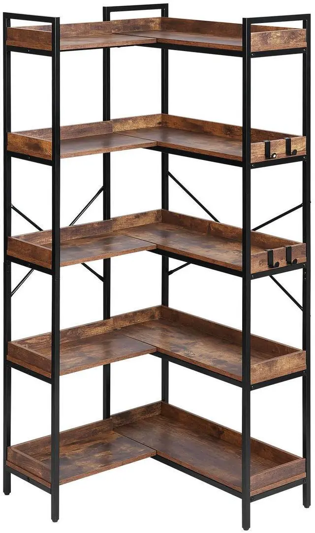 Main image of 5 Tier Corner Bookshelf with 4 Hooks, 65.4" Tall Corner Bookcase with Heavy Duty Metal Frame & Wooden Shelves, Industrial L Shaped Corner Display Shelf for Bedroom, Living Room, Office