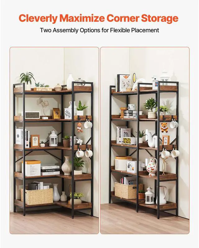 Alt view image 2 of 7 - 5 Tier Corner Bookshelf with 4 Hooks, 65.4" Tall Corner Bookcase with Heavy Duty Metal Frame & Wooden Shelves, Industrial L Shaped Corner Display Shelf for Bedroom, Living Room, Office