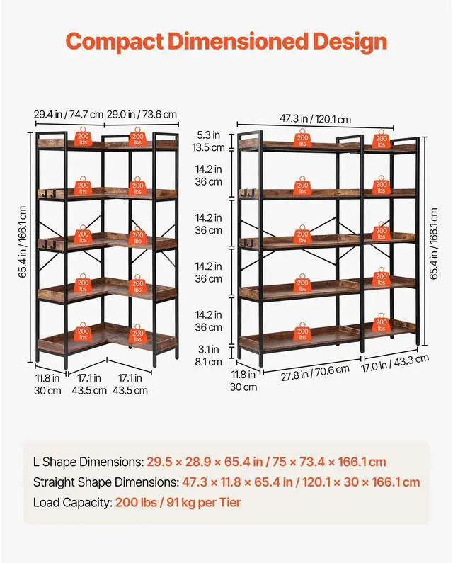 Alt view image 3 of 7 - 5 Tier Corner Bookshelf with 4 Hooks, 65.4" Tall Corner Bookcase with Heavy Duty Metal Frame & Wooden Shelves, Industrial L Shaped Corner Display Shelf for Bedroom, Living Room, Office