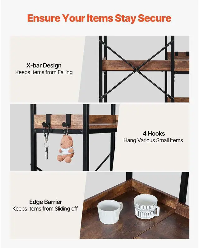 Alt view image 6 of 7 - 5 Tier Corner Bookshelf with 4 Hooks, 65.4" Tall Corner Bookcase with Heavy Duty Metal Frame & Wooden Shelves, Industrial L Shaped Corner Display Shelf for Bedroom, Living Room, Office