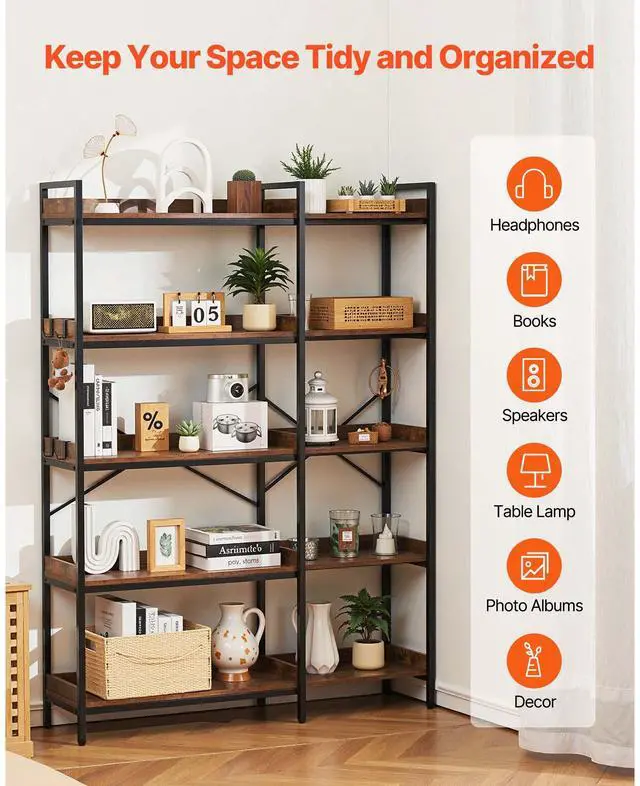 Alt view image 4 of 7 - 5 Tier Corner Bookshelf with 4 Hooks, 65.4" Tall Corner Bookcase with Heavy Duty Metal Frame & Wooden Shelves, Industrial L Shaped Corner Display Shelf for Bedroom, Living Room, Office