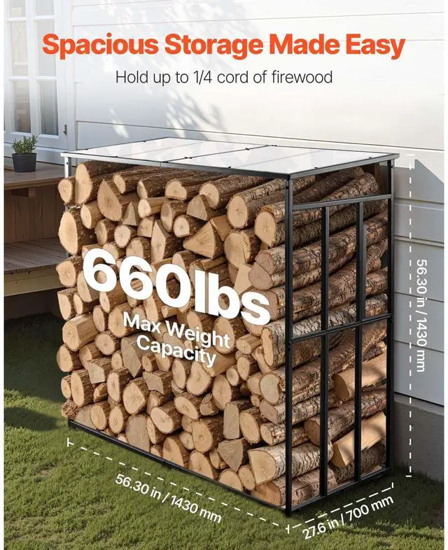 Alt view image 5 of 8 - VEVOR 4 ft Outdoor Firewood Rack with Roof 1/2 Cord Storage Metal Log Holder