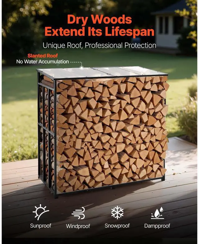 Alt view image 3 of 8 - VEVOR 4 ft Outdoor Firewood Rack with Roof 1/2 Cord Storage Metal Log Holder
