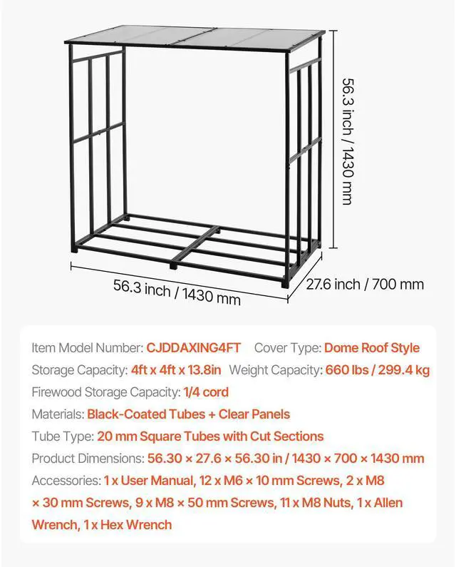Alt view image 8 of 8 - VEVOR 4 ft Outdoor Firewood Rack with Roof 1/2 Cord Storage Metal Log Holder
