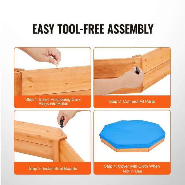 Alt view image 5 of 8 - VEVOR Wooden Sandbox with Cover, 75.6 x 75.6 x 9.1 in Octagonal Sand Box, Sand Pit with 4 Seating and Bottom Liner, Kids Sandbox for Outdoor Backyard, Beach, Park, Gift for Boys Girls Ages 3-12