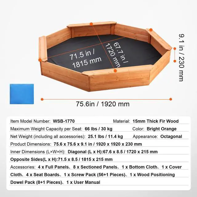 Alt view image 8 of 8 - VEVOR Wooden Sandbox with Cover, 75.6 x 75.6 x 9.1 in Octagonal Sand Box, Sand Pit with 4 Seating and Bottom Liner, Kids Sandbox for Outdoor Backyard, Beach, Park, Gift for Boys Girls Ages 3-12