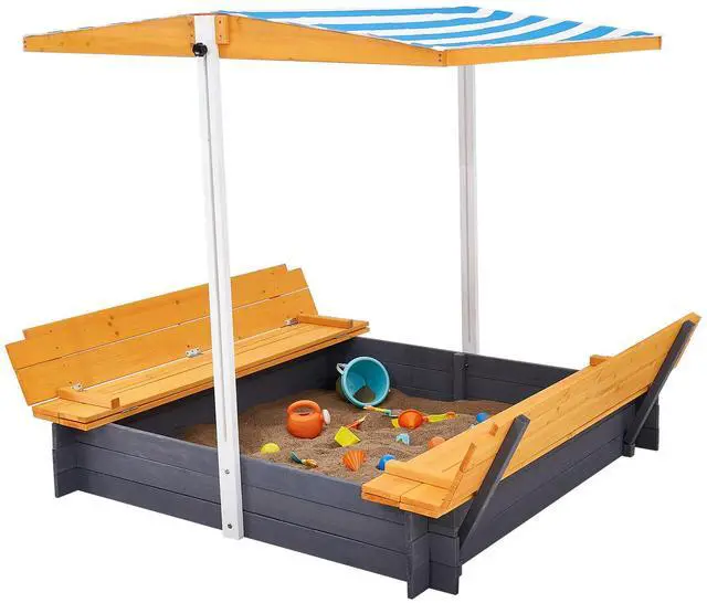Alt view image 3 of 9 - VEVOR Wooden Sandbox with Canopy, 57.3 x 47.2 x 47.2 in Sand Box, Sand Pit with Foldable Bench Seats and Bottom Liner, Natural Wood Kids Sandbox for Outdoor Backyard, Beach, Park, Gift for Ages 3-12