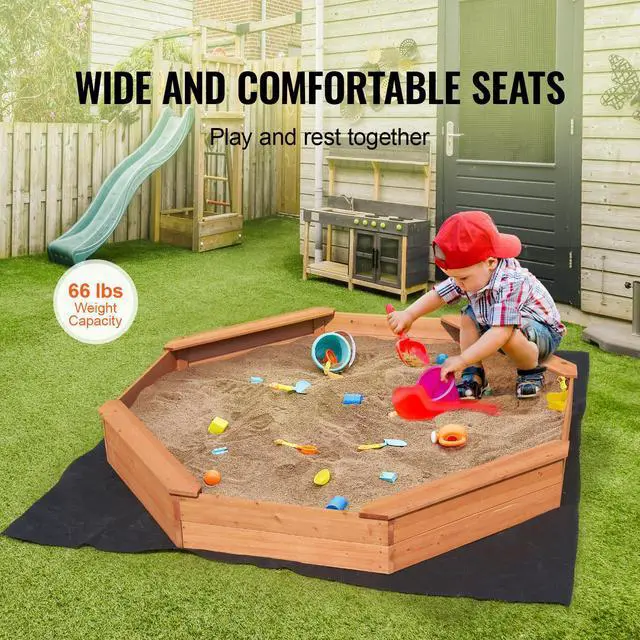 Alt view image 6 of 8 - VEVOR Wooden Sandbox with Cover, 75.6 x 75.6 x 9.1 in Octagonal Sand Box, Sand Pit with 4 Seating and Bottom Liner, Kids Sandbox for Outdoor Backyard, Beach, Park, Gift for Boys Girls Ages 3-12