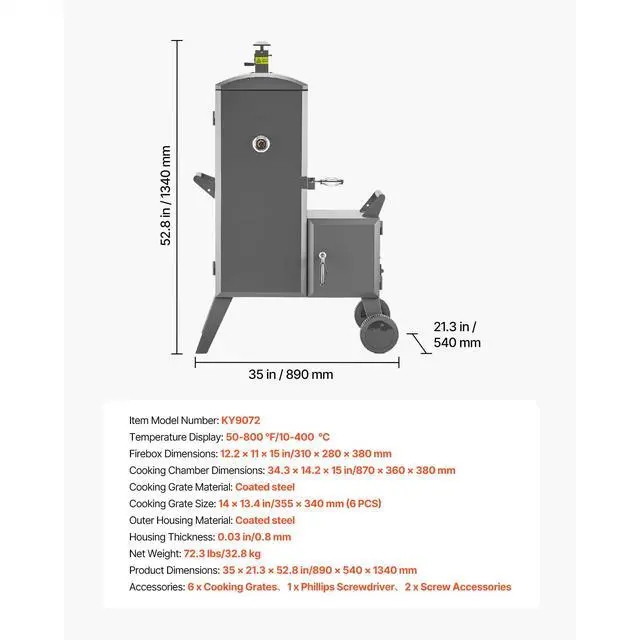 Alt view image 8 of 8 - VEVOR Charcoal Offset Smoker, Heavy-Duty Steel BBQ Offset Smoker with Side Firebox, Movable Outdoor Barbecue Smokers with 6 Adjustable Grates, Thermometer & Air Vents for Backyard Patio Party Cooking