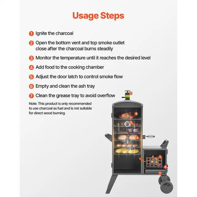 Alt view image 7 of 8 - VEVOR Charcoal Offset Smoker, Heavy-Duty Steel BBQ Offset Smoker with Side Firebox, Movable Outdoor Barbecue Smokers with 6 Adjustable Grates, Thermometer & Air Vents for Backyard Patio Party Cooking