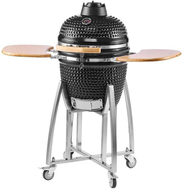 Main image of Charcoal Smoker and Grill, 18" Kamado Charcoal BBQ Smoker, Movable Ceramic Barbecue Grill with 4 Wheels (2 Lockable), Built-in Thermometer, Air Vents & Side Shelf for Outdoor Patio Yard Cooking