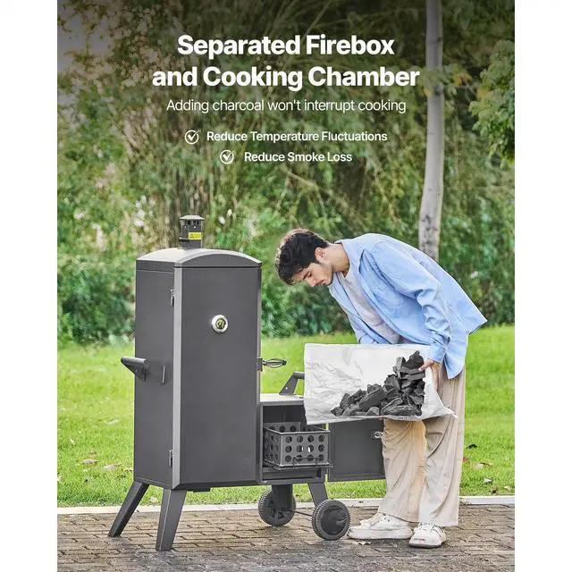 Alt view image 3 of 8 - VEVOR Charcoal Offset Smoker, Heavy-Duty Steel BBQ Offset Smoker with Side Firebox, Movable Outdoor Barbecue Smokers with 6 Adjustable Grates, Thermometer & Air Vents for Backyard Patio Party Cooking