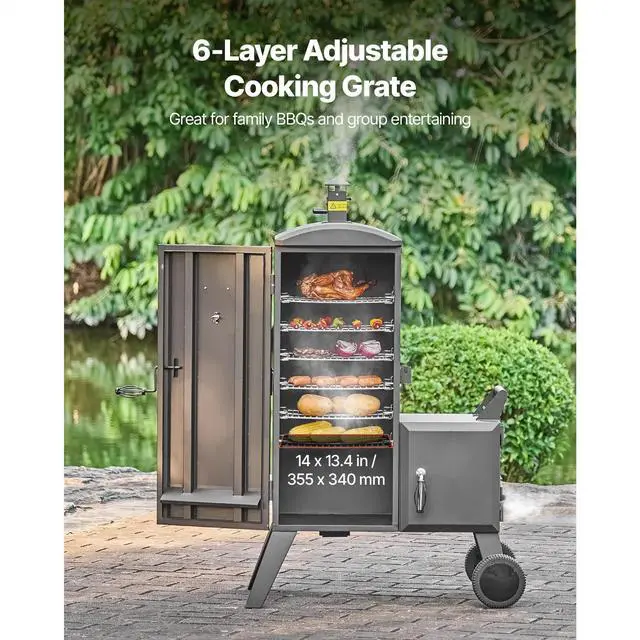 Alt view image 4 of 8 - VEVOR Charcoal Offset Smoker, Heavy-Duty Steel BBQ Offset Smoker with Side Firebox, Movable Outdoor Barbecue Smokers with 6 Adjustable Grates, Thermometer & Air Vents for Backyard Patio Party Cooking