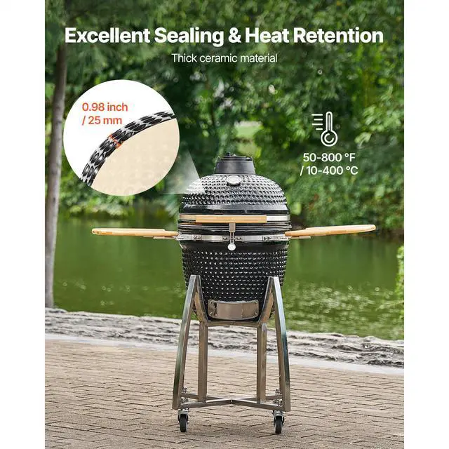 Alt view image 3 of 7 - Charcoal Smoker and Grill, 18" Kamado Charcoal BBQ Smoker, Movable Ceramic Barbecue Grill with 4 Wheels (2 Lockable), Built-in Thermometer, Air Vents & Side Shelf for Outdoor Patio Yard Cooking