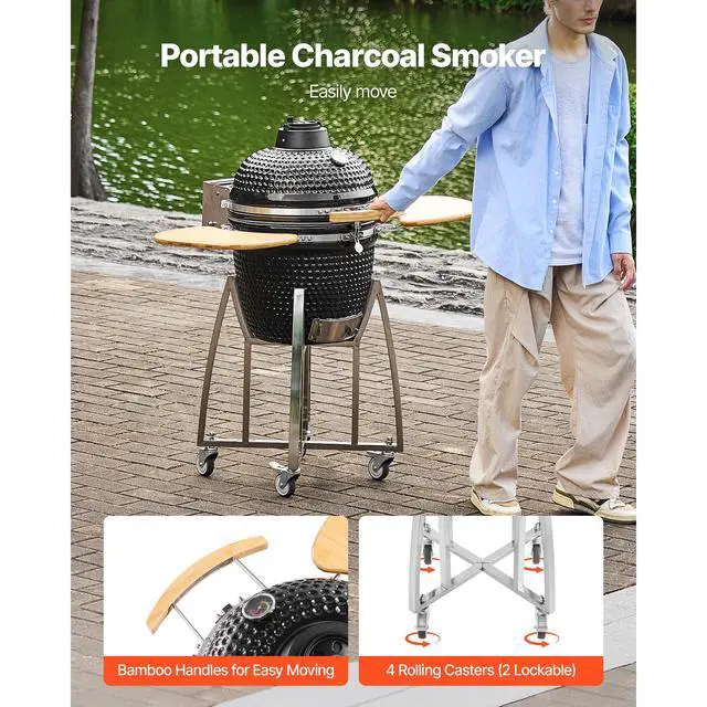 Alt view image 2 of 7 - Charcoal Smoker and Grill, 18" Kamado Charcoal BBQ Smoker, Movable Ceramic Barbecue Grill with 4 Wheels (2 Lockable), Built-in Thermometer, Air Vents & Side Shelf for Outdoor Patio Yard Cooking