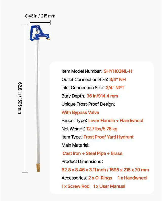 Alt view image 7 of 7 - Frost Proof Yard Hydrant, 5.24FT Freeze-Proof Outdoor Faucet with 36" Bury Depth, 3/4" NPT Pipe Connection, Lever Handle + Handwheel, No Lead Freezeless Hydrant for Yard Garden Farm Irrigation