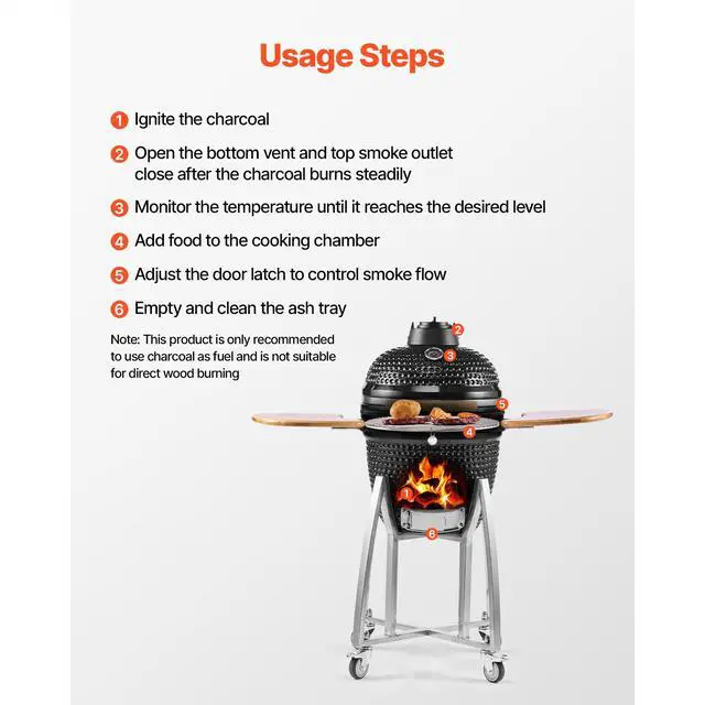 Alt view image 6 of 7 - Charcoal Smoker and Grill, 18" Kamado Charcoal BBQ Smoker, Movable Ceramic Barbecue Grill with 4 Wheels (2 Lockable), Built-in Thermometer, Air Vents & Side Shelf for Outdoor Patio Yard Cooking