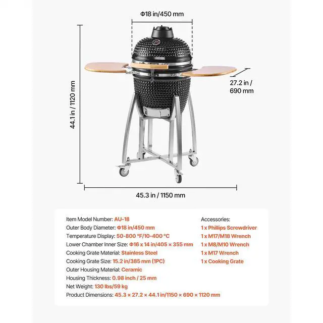 Alt view image 7 of 7 - Charcoal Smoker and Grill, 18" Kamado Charcoal BBQ Smoker, Movable Ceramic Barbecue Grill with 4 Wheels (2 Lockable), Built-in Thermometer, Air Vents & Side Shelf for Outdoor Patio Yard Cooking