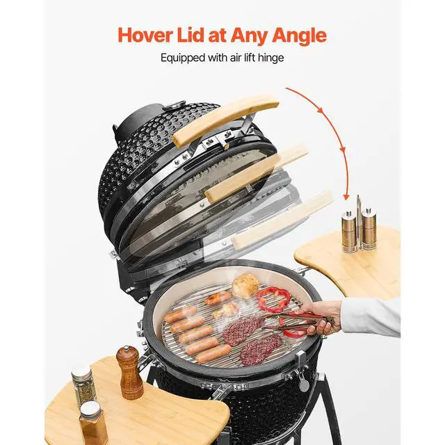 Alt view image 5 of 7 - Charcoal Smoker and Grill, 18" Kamado Charcoal BBQ Smoker, Movable Ceramic Barbecue Grill with 4 Wheels (2 Lockable), Built-in Thermometer, Air Vents & Side Shelf for Outdoor Patio Yard Cooking