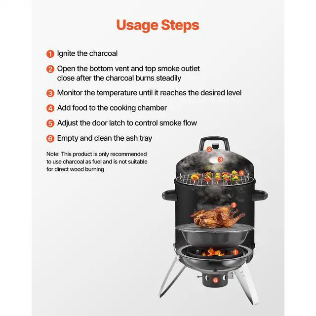 Alt view image 7 of 8 - VEVOR Charcoal Smoker, 16" Vertical Charcoal BBQ Grill, Coated Steel Barbecue Smoker with 2 Grilling Grates, Thermometer, Air Vents & Removable Ash Tray, Ideal for Backyard Patio Parties Cooking
