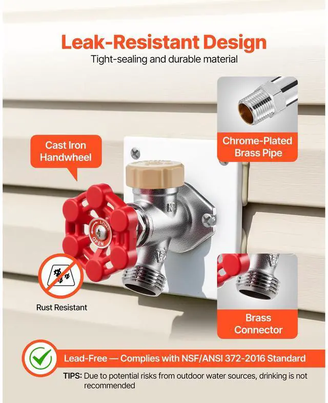 Alt view image 4 of 8 - VEVOR Anti-Siphon Frost-Proof Sillcock, 12" Freeze Proof Outdoor Faucet Bib with Backflow Preventer, 1/2" Push-to-Fit Connector X 3/4" Hose Bibb, No Lead Frost-free Spigot for PEX Copper CPVC Pipes