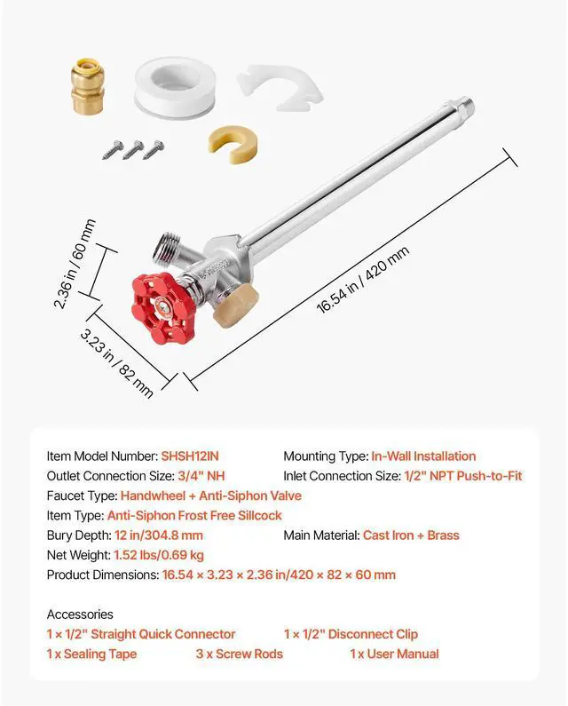 Alt view image 8 of 8 - VEVOR Anti-Siphon Frost-Proof Sillcock, 12" Freeze Proof Outdoor Faucet Bib with Backflow Preventer, 1/2" Push-to-Fit Connector X 3/4" Hose Bibb, No Lead Frost-free Spigot for PEX Copper CPVC Pipes