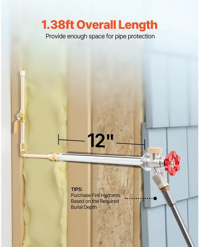 Alt view image 7 of 8 - VEVOR Anti-Siphon Frost-Proof Sillcock, 12" Freeze Proof Outdoor Faucet Bib with Backflow Preventer, 1/2" Push-to-Fit Connector X 3/4" Hose Bibb, No Lead Frost-free Spigot for PEX Copper CPVC Pipes