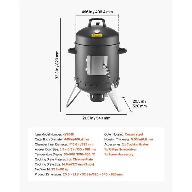 Alt view image 8 of 8 - VEVOR Charcoal Smoker, 16" Vertical Charcoal BBQ Grill, Coated Steel Barbecue Smoker with 2 Grilling Grates, Thermometer, Air Vents & Removable Ash Tray, Ideal for Backyard Patio Parties Cooking