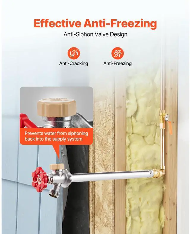 Alt view image 5 of 8 - VEVOR Anti-Siphon Frost-Proof Sillcock, 12" Freeze Proof Outdoor Faucet Bib with Backflow Preventer, 1/2" Push-to-Fit Connector X 3/4" Hose Bibb, No Lead Frost-free Spigot for PEX Copper CPVC Pipes