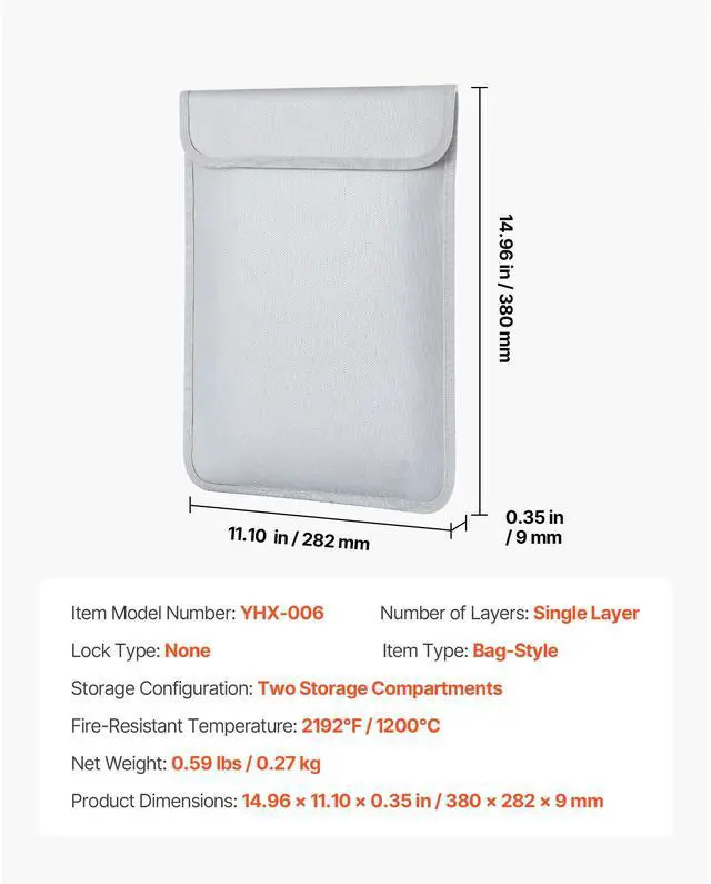 Alt view image 8 of 8 - VEVOR Fireproof Document Bag, 2192  Heat Insulated Fireproof & Waterproof Bag with  Smooth Zipper, Portable File Storage Organizer Home Office Travel Use, for Passports, Important Documents, Files