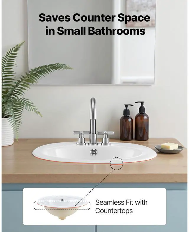 Alt view image 2 of 7 - Semi Recessed Bathroom Sink, 19.09 x 16.73 Inch Oval White Ceramic Vessel Sink with Overflow Hole and 3 Faucet Holes, Drop in Modern Lavatory Vanity Bath Wash Bowl Basin, Ideal for Small Spaces