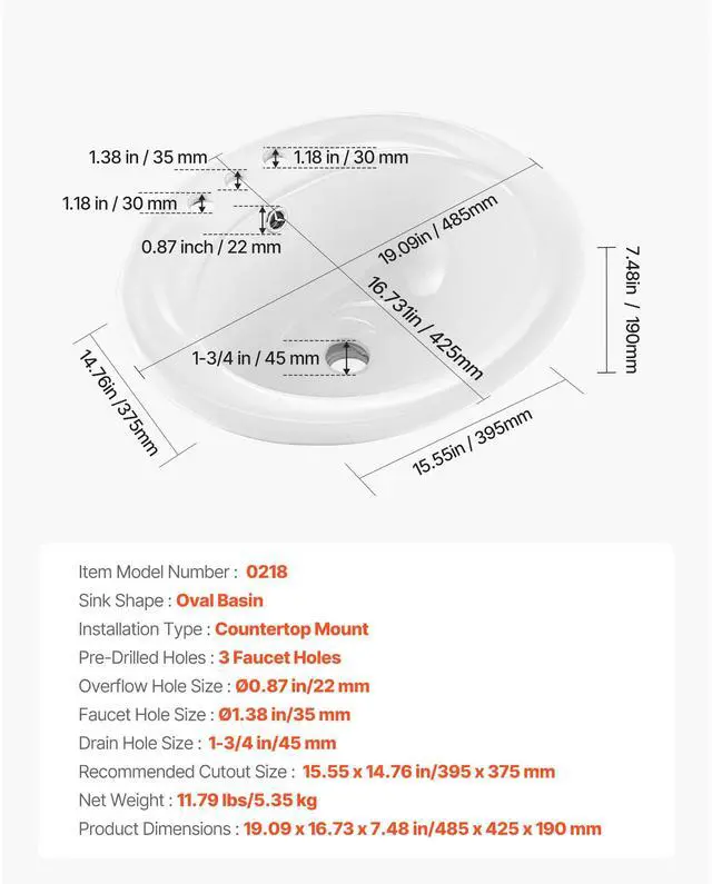 Alt view image 7 of 7 - Semi Recessed Bathroom Sink, 19.09 x 16.73 Inch Oval White Ceramic Vessel Sink with Overflow Hole and 3 Faucet Holes, Drop in Modern Lavatory Vanity Bath Wash Bowl Basin, Ideal for Small Spaces