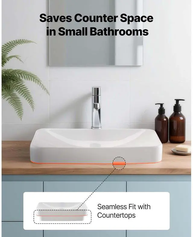 Alt view image 3 of 8 - VEVOR Semi Recessed Bathroom Sink, 19.29 x 12.01 Inch Rectangular White Ceramic Vessel Sink with 1-3/4 Inch Drain Hole, Drop in Modern Lavatory Vanity Bath Wash Bowl Basin, Rectangle for Small Space
