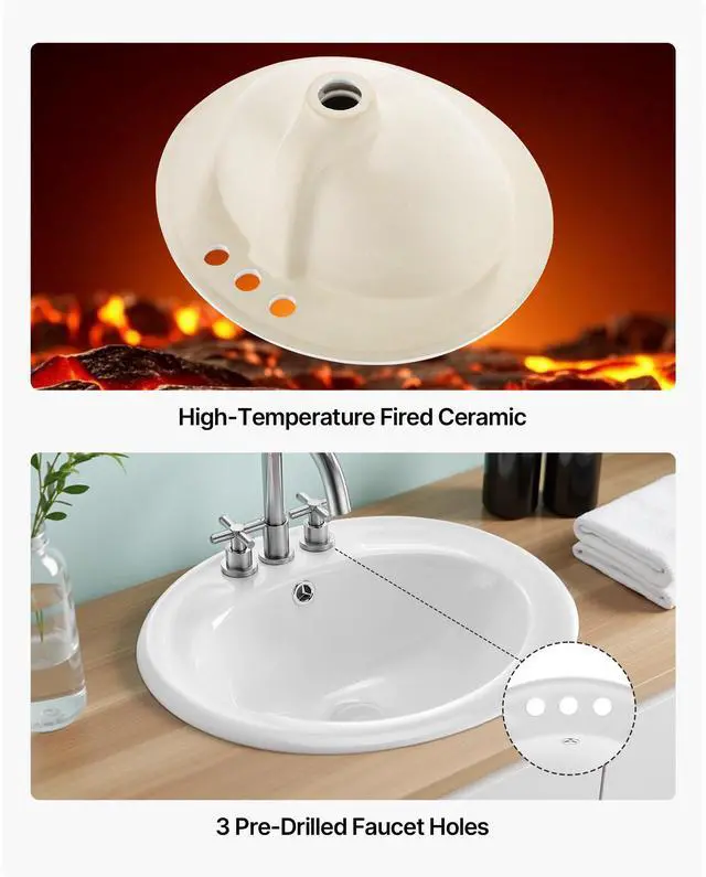 Alt view image 6 of 7 - Semi Recessed Bathroom Sink, 19.09 x 16.73 Inch Oval White Ceramic Vessel Sink with Overflow Hole and 3 Faucet Holes, Drop in Modern Lavatory Vanity Bath Wash Bowl Basin, Ideal for Small Spaces