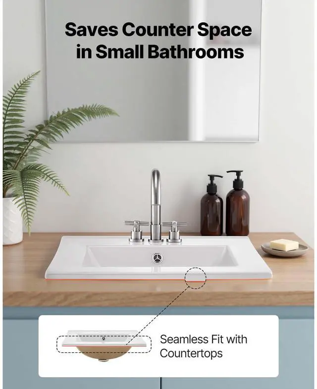 Alt view image 3 of 8 - VEVOR Semi Recessed Bathroom Sink, 20.08 x 18.31 Inch Rectangular White Ceramic Vessel Sink with Overflow and 3 Faucet Holes, Drop in Modern Lavatory Vanity Bath Wash Bowl Basin Rectangle Small Space