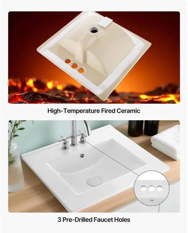 Alt view image 7 of 8 - VEVOR Semi Recessed Bathroom Sink, 20.08 x 18.31 Inch Rectangular White Ceramic Vessel Sink with Overflow and 3 Faucet Holes, Drop in Modern Lavatory Vanity Bath Wash Bowl Basin Rectangle Small Space
