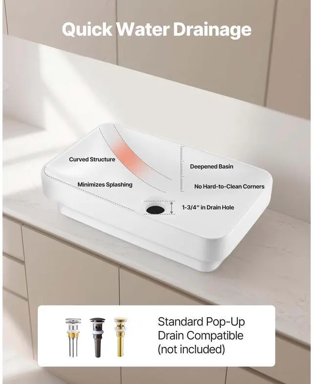 Alt view image 5 of 8 - VEVOR Semi Recessed Bathroom Sink, 19.29 x 12.01 Inch Rectangular White Ceramic Vessel Sink with 1-3/4 Inch Drain Hole, Drop in Modern Lavatory Vanity Bath Wash Bowl Basin, Rectangle for Small Space