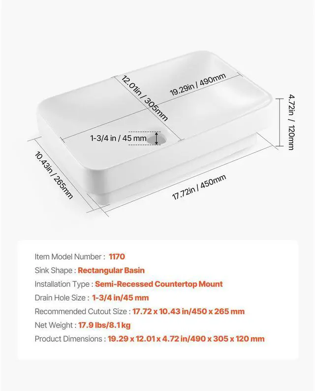 Alt view image 8 of 8 - VEVOR Semi Recessed Bathroom Sink, 19.29 x 12.01 Inch Rectangular White Ceramic Vessel Sink with 1-3/4 Inch Drain Hole, Drop in Modern Lavatory Vanity Bath Wash Bowl Basin, Rectangle for Small Space