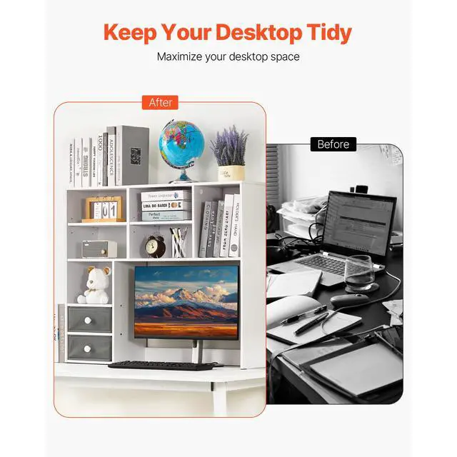 Alt view image 3 of 8 - VEVOR Desktop Bookshelf, 3-Tier Desktop Storage Organizer, 37" x 10" x 31.1" Office Storage Rack Wood Display Shelf, Desktop Bookshelf Hutch with Two Fabric Drawers, for Office, Home & Dorm, White