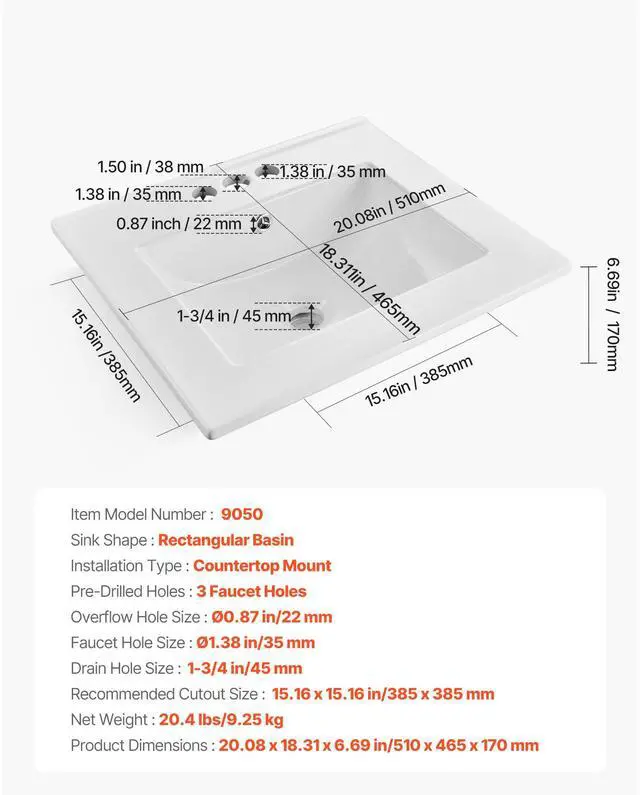 Alt view image 8 of 8 - VEVOR Semi Recessed Bathroom Sink, 20.08 x 18.31 Inch Rectangular White Ceramic Vessel Sink with Overflow and 3 Faucet Holes, Drop in Modern Lavatory Vanity Bath Wash Bowl Basin Rectangle Small Space