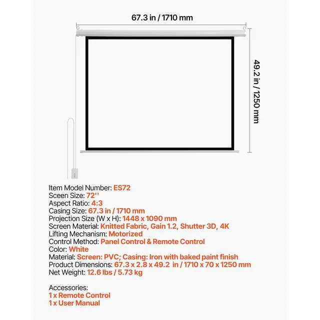 Alt view image 8 of 8 - VEVOR Motorized Projector Screen, 72 inch 4:3 1080 HD Electric Projection Screen, Wall Mounted Projection Dispaly Projector with Remote Control, Automatic Movie Screen for Family Home Office Theater