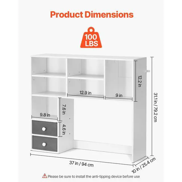 Alt view image 4 of 8 - VEVOR Desktop Bookshelf, 3-Tier Desktop Storage Organizer, 37" x 10" x 31.1" Office Storage Rack Wood Display Shelf, Desktop Bookshelf Hutch with Two Fabric Drawers, for Office, Home & Dorm, White