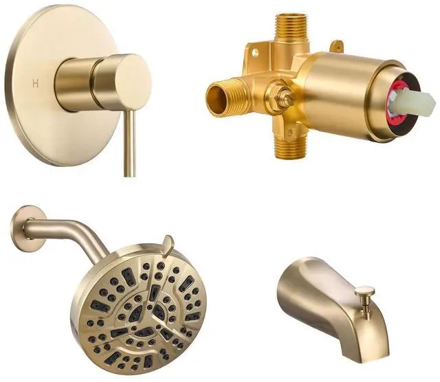 Alt view image 2 of 8 - VEVOR Tub and Shower Faucet Set, Complete with 5-Inch Rainfall Shower Head and Bathtub Spout, 8-Setting Adjustable Spray, Single-Handle Tub Trim Kit with Brass Pressure Balancing Valve, Gold Finish