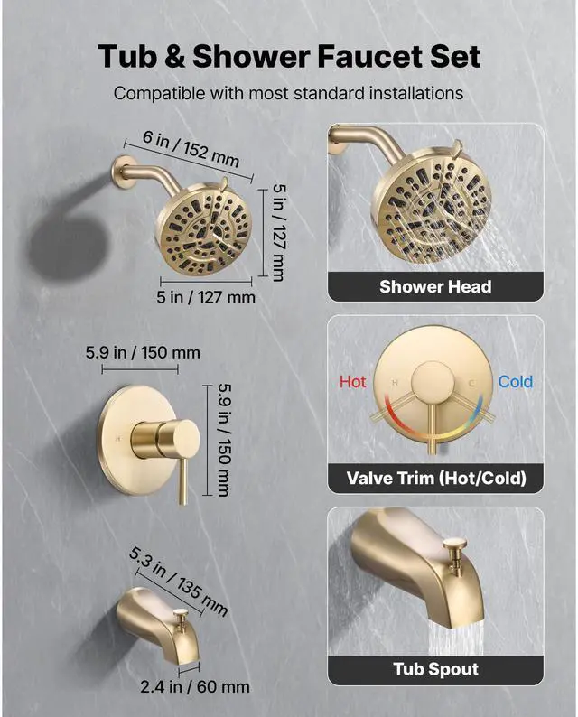 Alt view image 3 of 8 - VEVOR Tub and Shower Faucet Set, Complete with 5-Inch Rainfall Shower Head and Bathtub Spout, 8-Setting Adjustable Spray, Single-Handle Tub Trim Kit with Brass Pressure Balancing Valve, Gold Finish