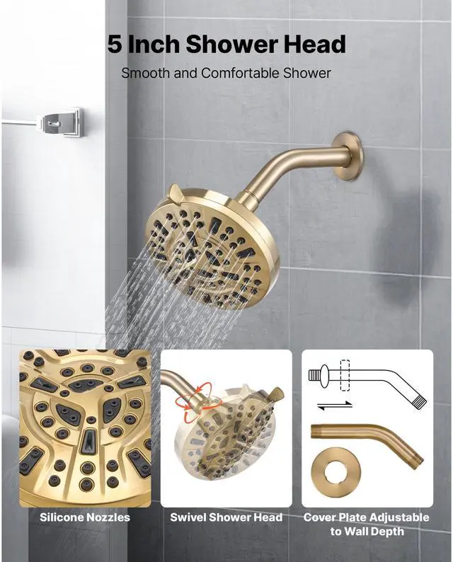 Alt view image 5 of 8 - VEVOR Tub and Shower Faucet Set, Complete with 5-Inch Rainfall Shower Head and Bathtub Spout, 8-Setting Adjustable Spray, Single-Handle Tub Trim Kit with Brass Pressure Balancing Valve, Gold Finish